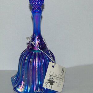 Fenton Blue Carnival Glass Hand Painted Floral Bell Signed By D.Wright w/tag